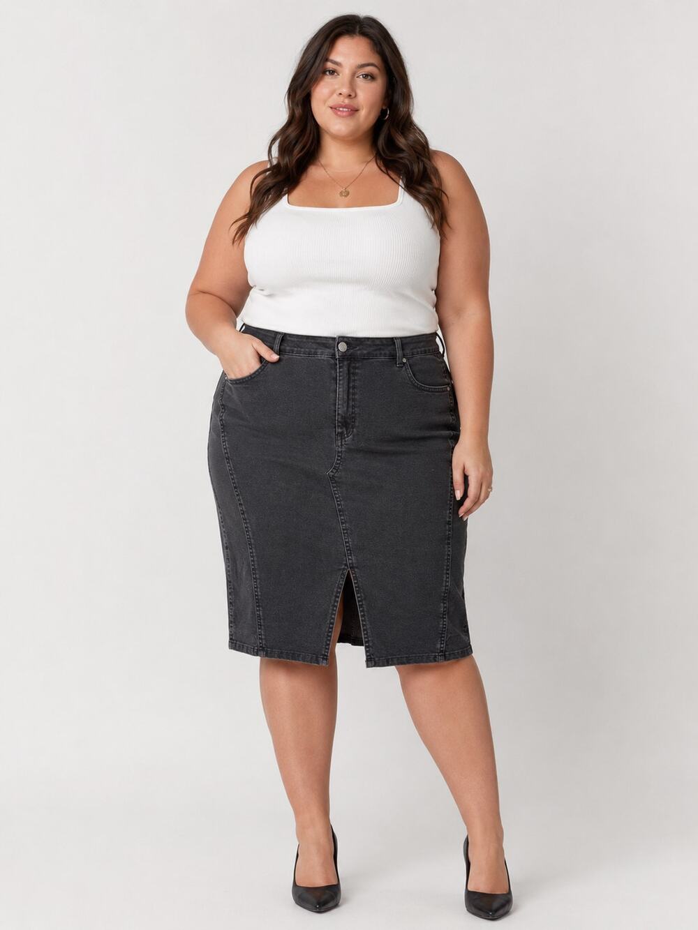 Universal Standard Black Denim Front Slit Midi Skirt NWT L 3X